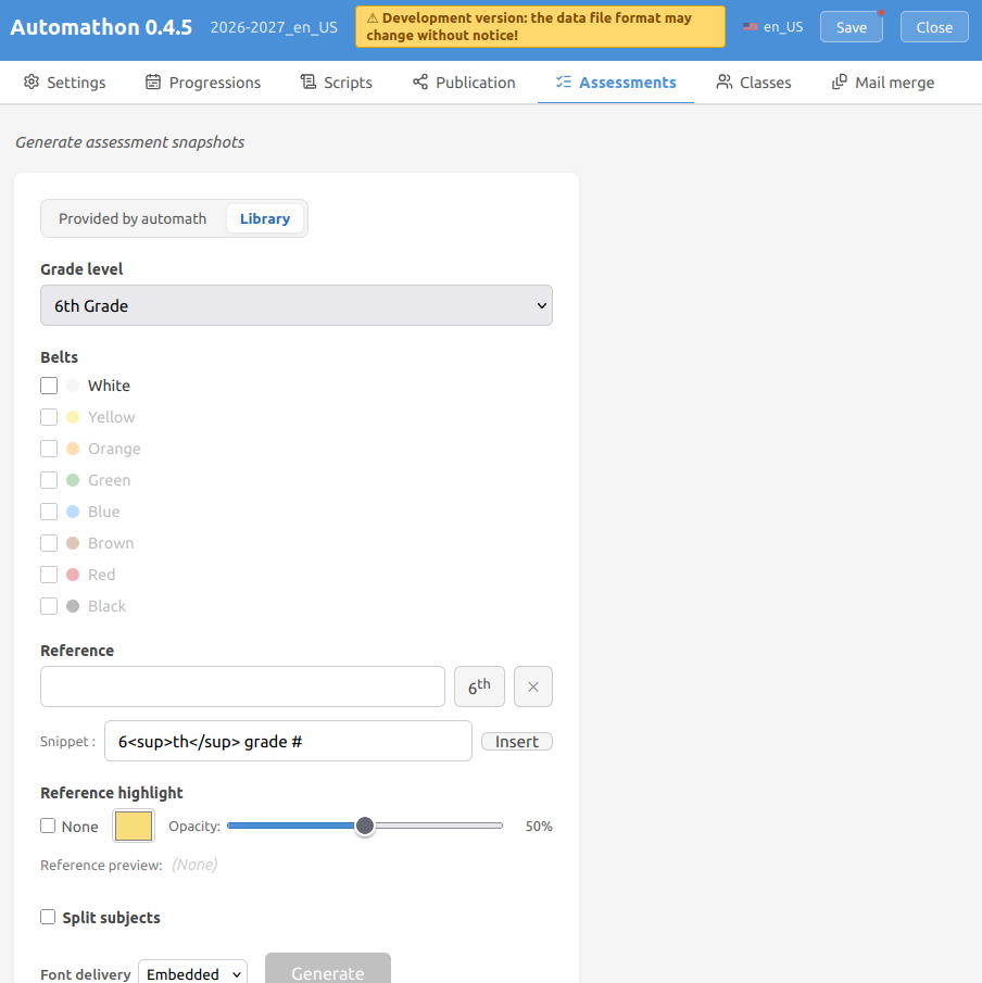 Screenshot of assessments panel