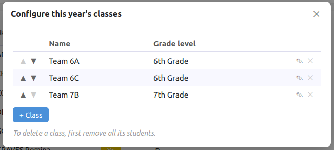 Classes panel Screenshot of classes panel