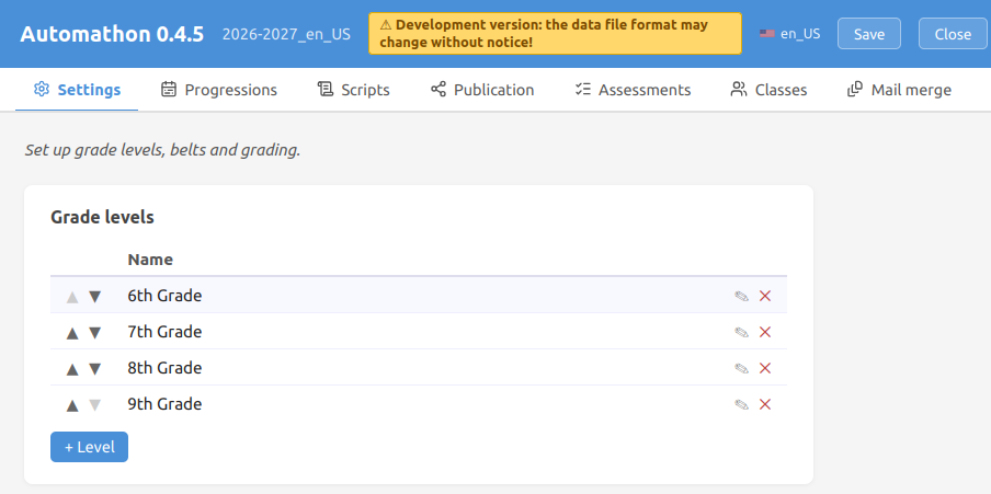 Screenshot of settings panel – grade levels