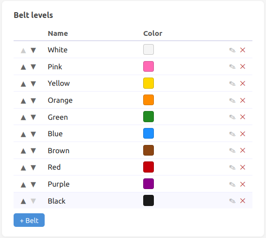 Screenshot of settings panel – available belts