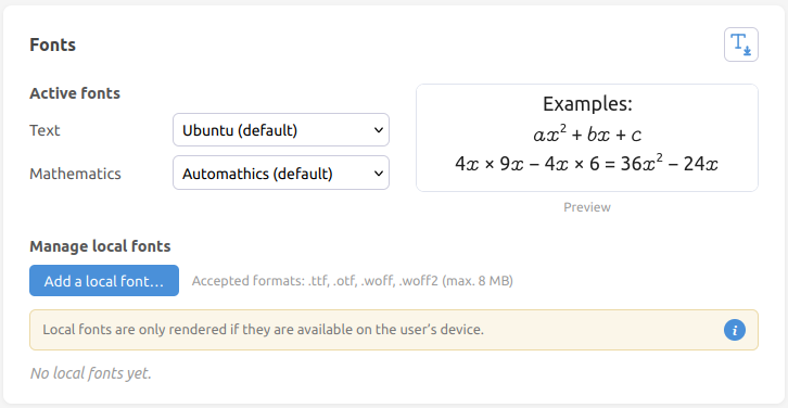 Screenshot of settings panel – fonts settings